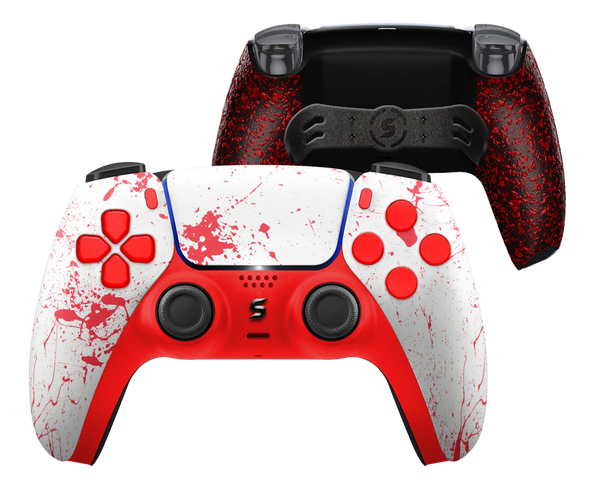 Ein custom PS5-Controller im blutigen Horror-Design, mit realistischen Blutspritzern und düsteren Rottönen, die eine gruselige, unheimliche Atmosphäre schaffen.