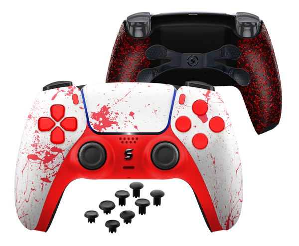 Ein PS5-Controller mit einem Horror-Design, das von Blutspritzern und Blutspuren in lebendigen Rottönen durchzogen ist und eine düstere, furchteinflößende Ästhetik vermittelt.
