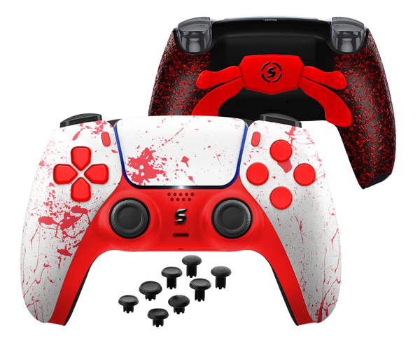 Ein individuell gestalteter PS5-Controller im Blutspritzer-Stil, mit blutroten Flecken und gespritzten Mustern, die einen blutigen, schaurigen Eindruck hinterlassen.