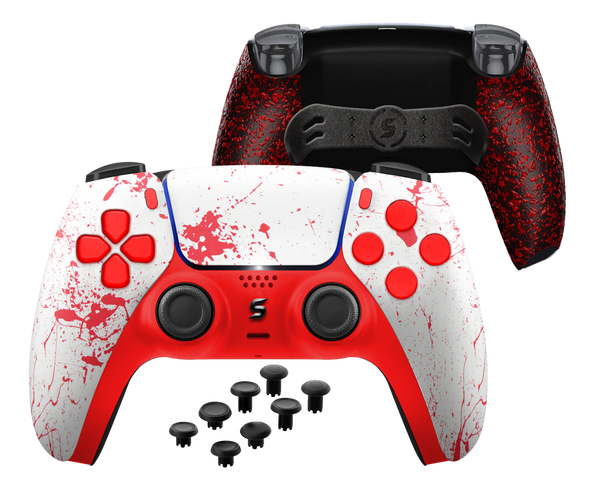 Ein maßgefertigter PS5-Controller im Blutspritzer-Design, das mit blutroten Flecken und tropfenden Details einen makaberen, gruseligen Look erzeugt.