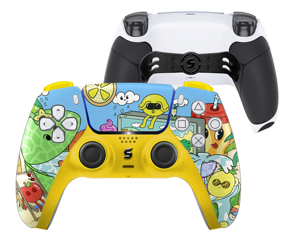 Ein Custom PS5 Controller mit einer bunten Collage aus verschiedenen Früchten, darunter Ananas, Kirschen und Bananen, auf einem tropischen Hintergrund.