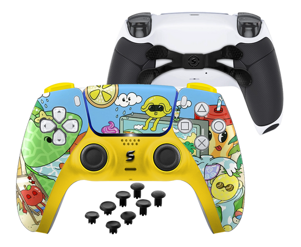 Ein maßgefertigter PS5-Controller mit einer fröhlichen Collage aus exotischen Früchten, darunter Ananas, Kirschen und Bananen, auf einem sommerlichen Design.