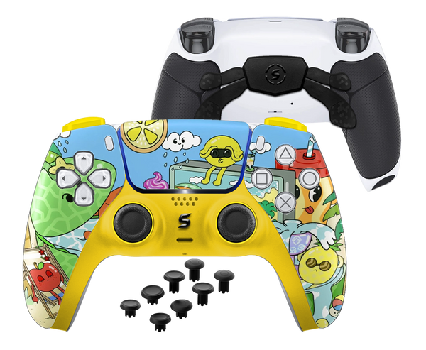 Ein PS5-Controller mit einer bunten Mischung aus Fruchtmotiven wie Ananas, Kirschen und Bananen, eingebettet in einen tropischen Hintergrund.