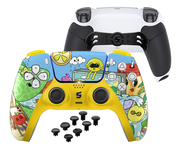 Ein individuell gestalteter PS5-Controller mit einem fruchtigen Design, das Ananas, Kirschen und Bananen auf einem tropisch inspirierten Hintergrund zeigt.