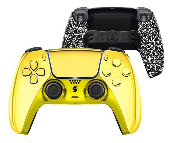 Ein maßgefertigter PS5-Controller in glänzendem Gold-Chrome, der mit seiner spiegelnden Oberfläche und luxuriösen Akzenten eine edle und futuristische Ausstrahlung verleiht.