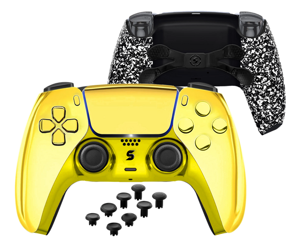Ein custom PS5-Controller in Gold-Chrome, mit einem eleganten, glänzenden Finish und präzisen Details, die einen luxuriösen und modernen Look kreieren.