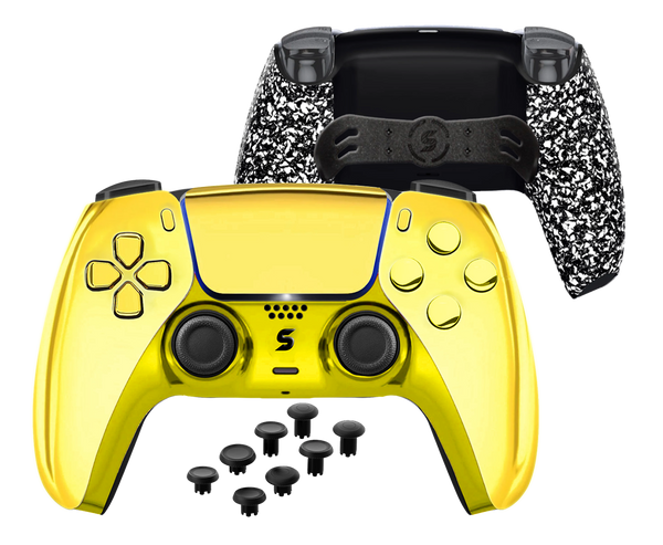 Ein PS5-Controller in strahlendem Gold-Chrome, mit einer spiegelnden, metallischen Oberfläche, die Luxus und Hochwertigkeit ausstrahlt.