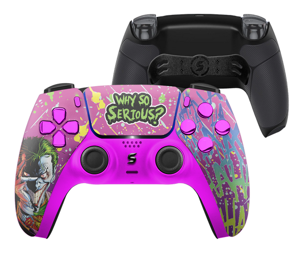 Ein custom PS5-Controller im Joker-Design mit lebhaften Lila- und Grüntönen, die das chaotische und humorvolle Wesen des ikonischen Charakters widerspiegeln.