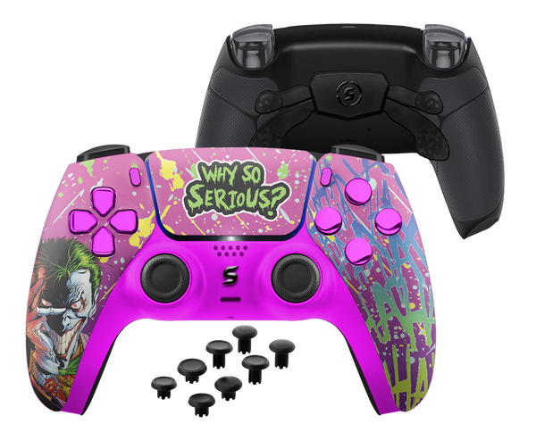 Ein individuell gestalteter PS5-Controller im Joker-Look, der mit kräftigen Lila- und Grüntönen für einen markanten, verspielten und gleichzeitig düsteren Effekt sorgt.
