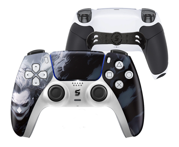 Ein PS5-Controller im Joker-Stil, mit einer Mischung aus Blau- und Grautönen, die das wilde, chaotische Design des ikonischen Charakters widerspiegeln.