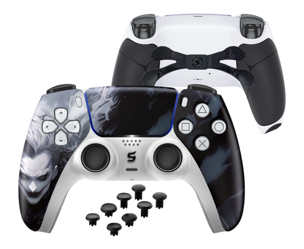 Ein maßgefertigter PS5-Controller im Joker-Design mit einem coolen Blau-Grau-Farbschema, das verspielte Elemente und subtile, humorvolle Details aufgreift.