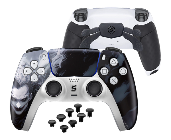 Ein custom PS5-Controller im Joker-Look, der Blau- und Grautöne geschickt kombiniert, um das charakteristische, dramatische Design des Clowns der Unterwelt darzustellen.