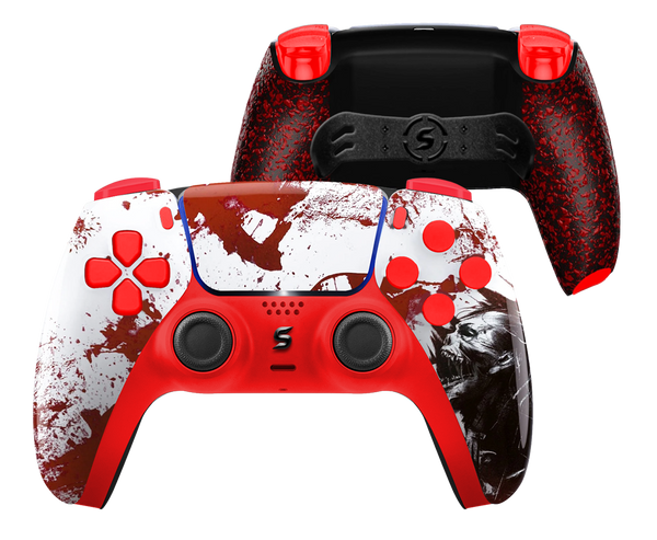 Individuell gestalteter PS5-Controller im Zombie-Design mit ergonomischen Paddles und RGB-Beleuchtung.