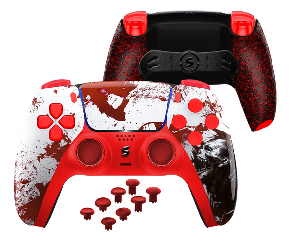 Modifizierter PlayStation 5 Controller mit griffiger Rückseite und gruseliger Zombie-Optik.