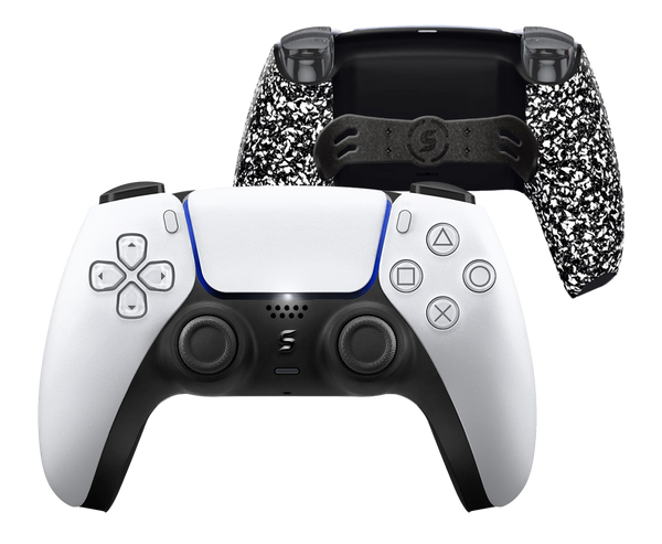 Ein maßgefertigter PS5-Controller in weiß mit gummiertem Grip.