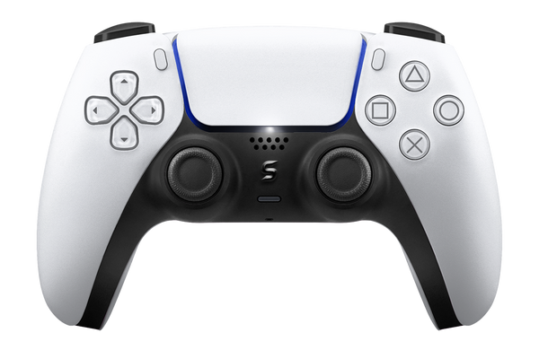 Ein PS5-Controller in modernem Weiß, mit griffigen, gummierten Oberflächen an den Seiten für eine sichere Handhabung.
