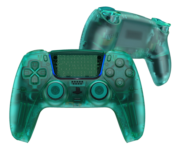 Smaragdgrüner, halbtransparenter PS5 DualSense Controller mit sichtbarer Technik und leuchtendem Design.