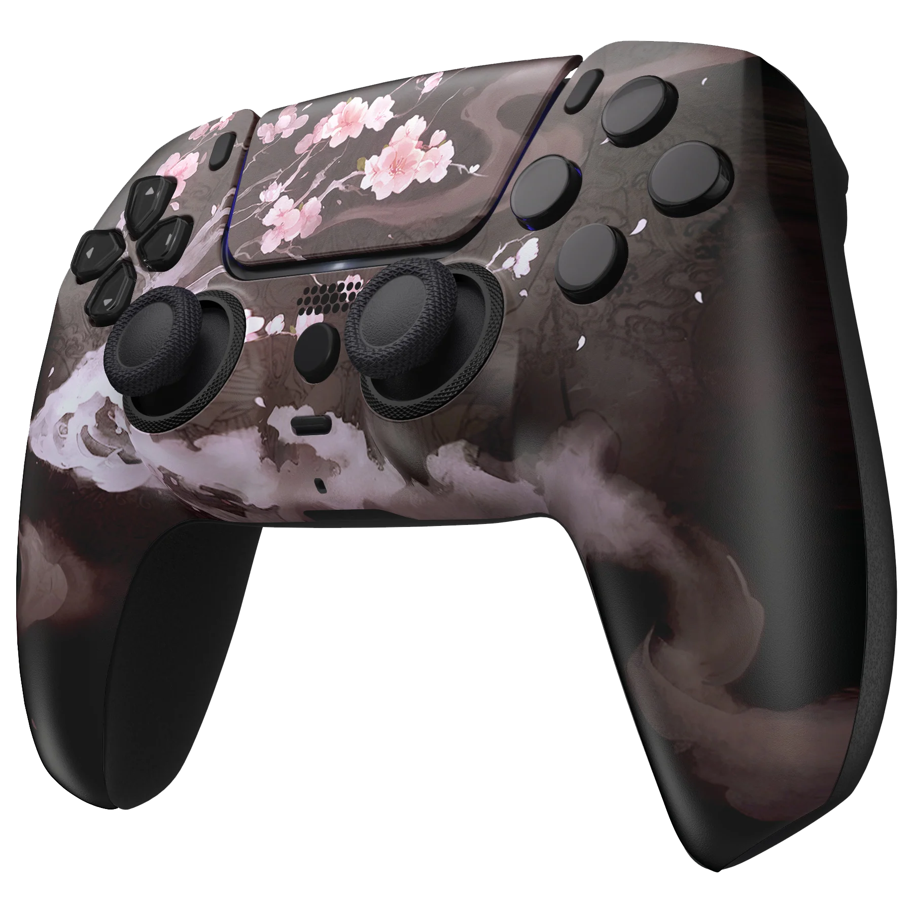 PS5 DualSense Controller mit filigranen Kirschblütenmustern auf rosafarbenem Hintergrund.