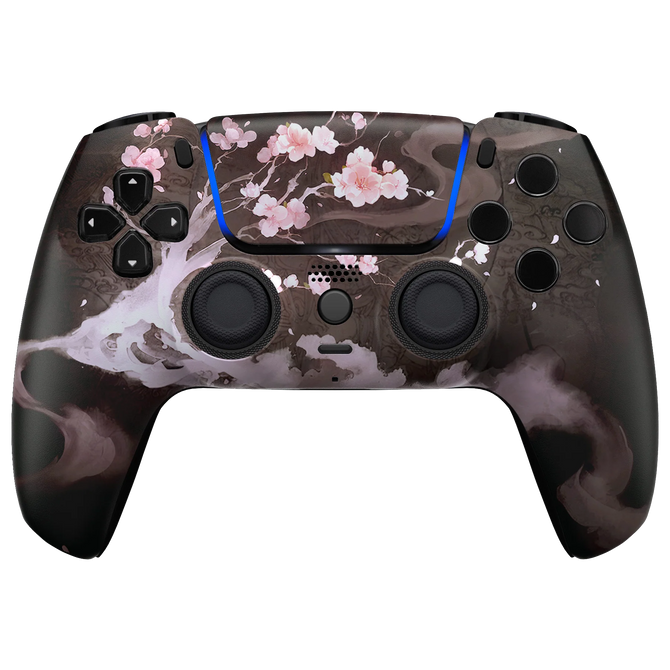 PS5 Controller mit elegantem Kirschblüten-Motiv in sanften Rosa- und Weißtönen.