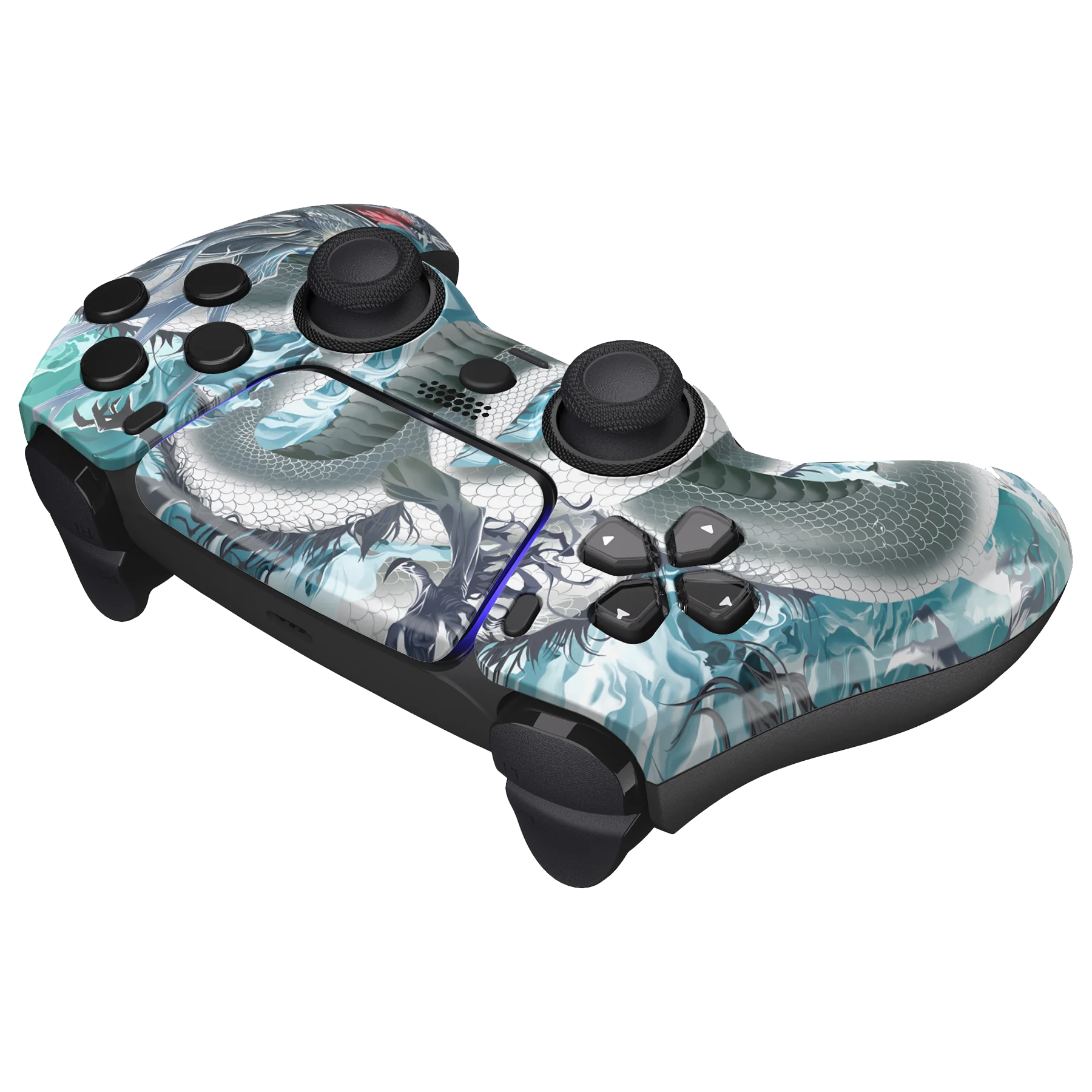 PS5 DualSense Controller im Design eines Eis-Drachen mit frostigen Blau- und Weißtönen und dynamischer Optik.