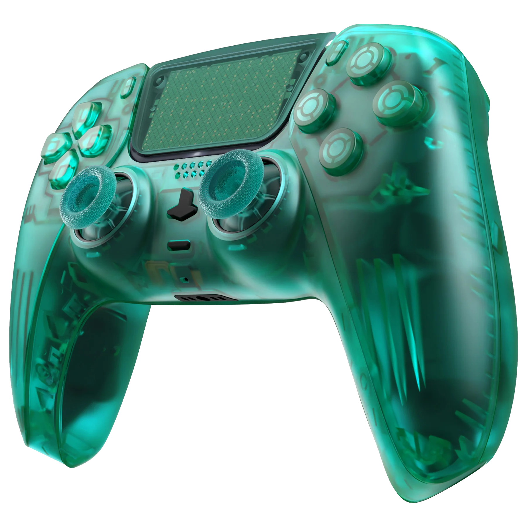 Transparent smaragdgrüner PS5 Controller mit durchscheinendem Gehäuse und detailreicher Innenansicht.