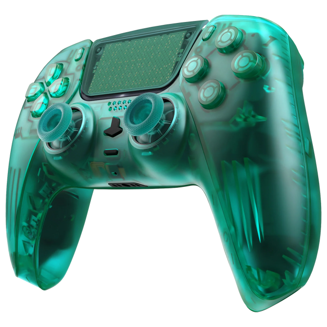Transparent smaragdgrüner PS5 Controller mit durchscheinendem Gehäuse und detailreicher Innenansicht.