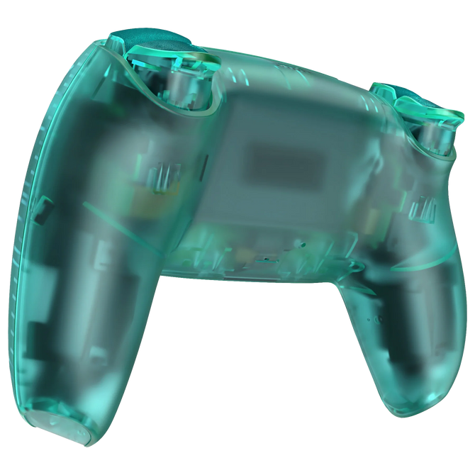 Custom PS5 DualSense Controller in strahlendem Smaragdgrün mit halbtransparentem Gehäuse und moderner Technik.