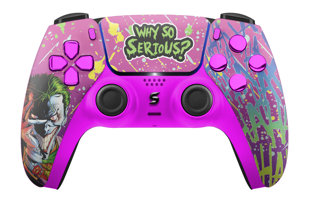Ein PS5-Controller im Joker-Design, der lebendige Lila- und Grüntöne kombiniert, um das charakteristische, wilde und bunte Aussehen des berüchtigten Bösewichts zu präsentieren.
