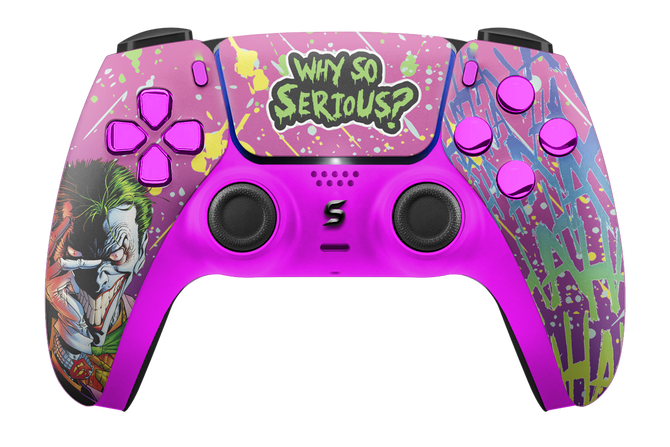 Ein PS5-Controller im Joker-Design, der lebendige Lila- und Grüntöne kombiniert, um das charakteristische, wilde und bunte Aussehen des berüchtigten Bösewichts zu präsentieren.