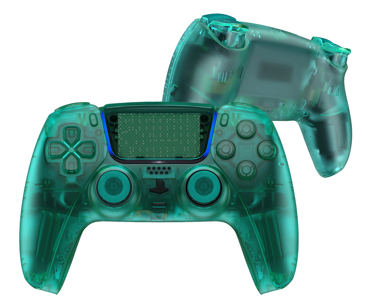 Smaragdgrüner, halbtransparenter PS5 DualSense Controller mit sichtbarer Technik und leuchtendem Design.
