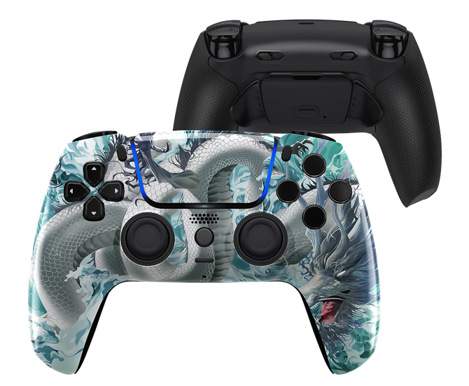 PS5 Controller mit eisblauem Drachen-Design, das schimmernde Kristalle und frostige Details zeigt.

