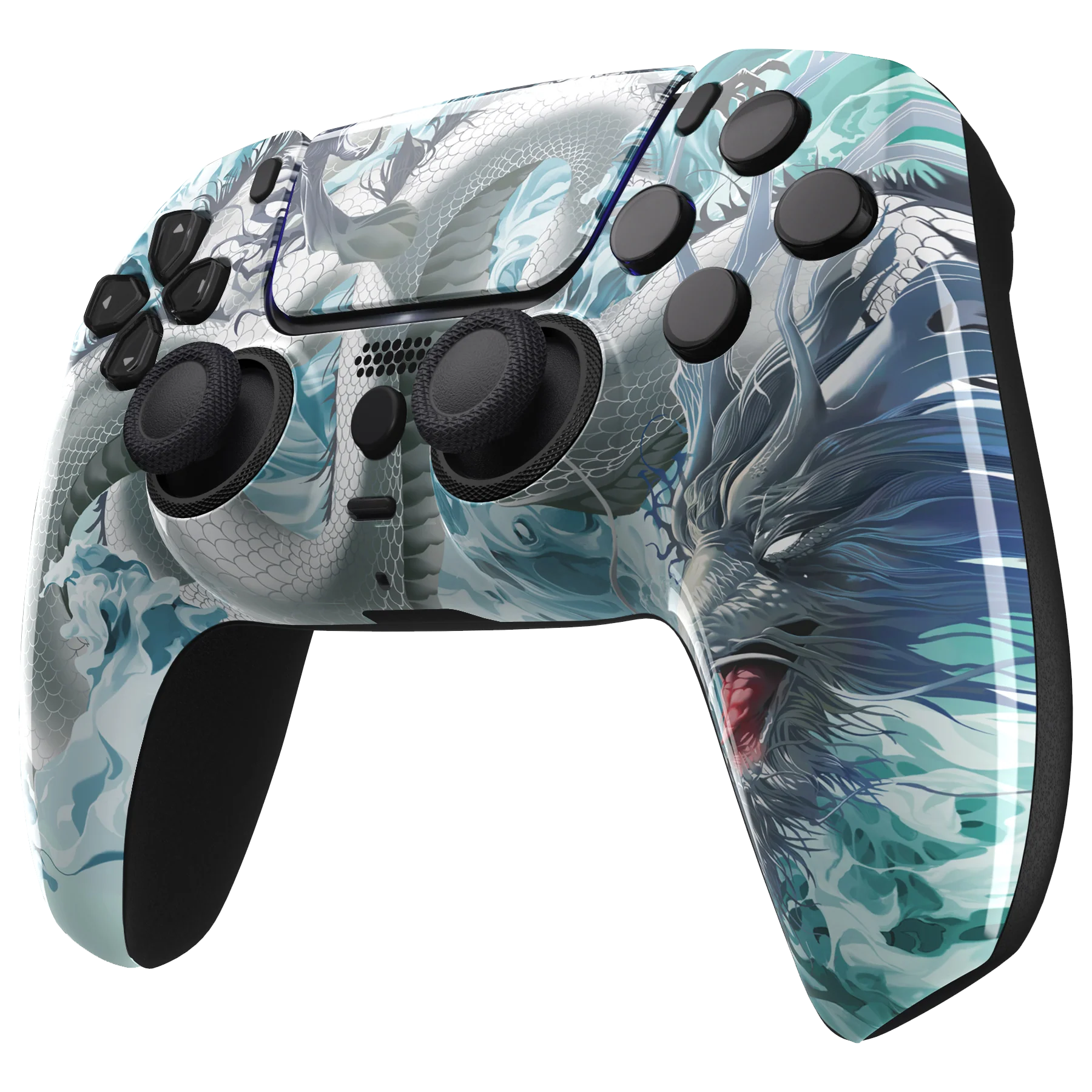 PS5 Controller mit frostigem Drachen-Design und transparenten, eisähnlichen Akzenten.