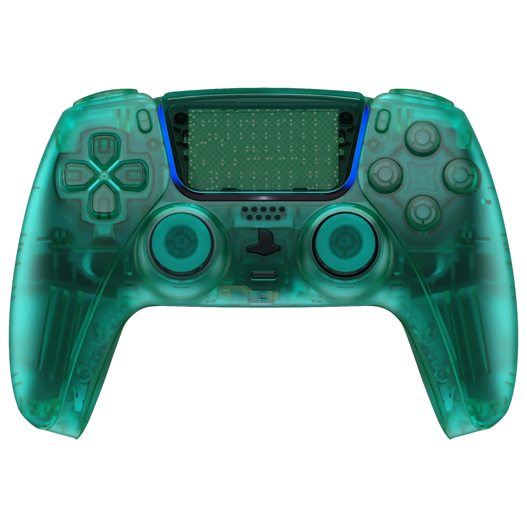 Smaragdgrüner, klarer PS5 Controller mit durchsichtigem Gehäuse, das das Innenleben sichtbar macht.