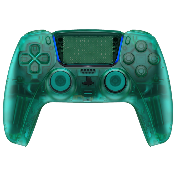 Smaragdgrüner, klarer PS5 Controller mit durchsichtigem Gehäuse, das das Innenleben sichtbar macht.