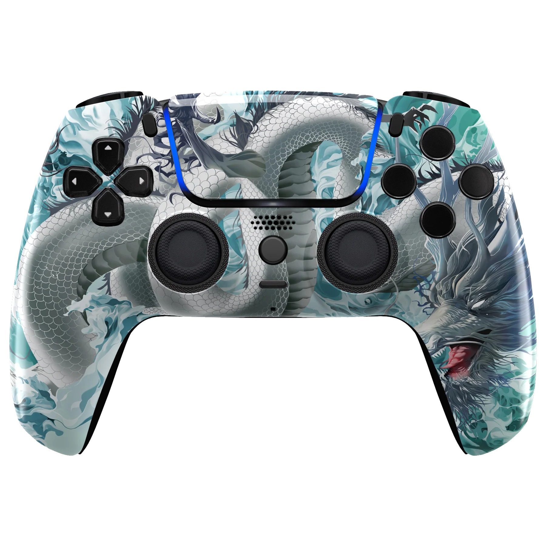 Custom PS5 DualSense Controller mit einem eisigen Drachenmotiv in kühlen Blautönen und metallischem Finish.