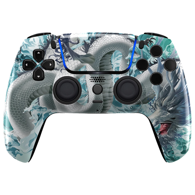 Custom PS5 DualSense Controller mit einem eisigen Drachenmotiv in kühlen Blautönen und metallischem Finish.