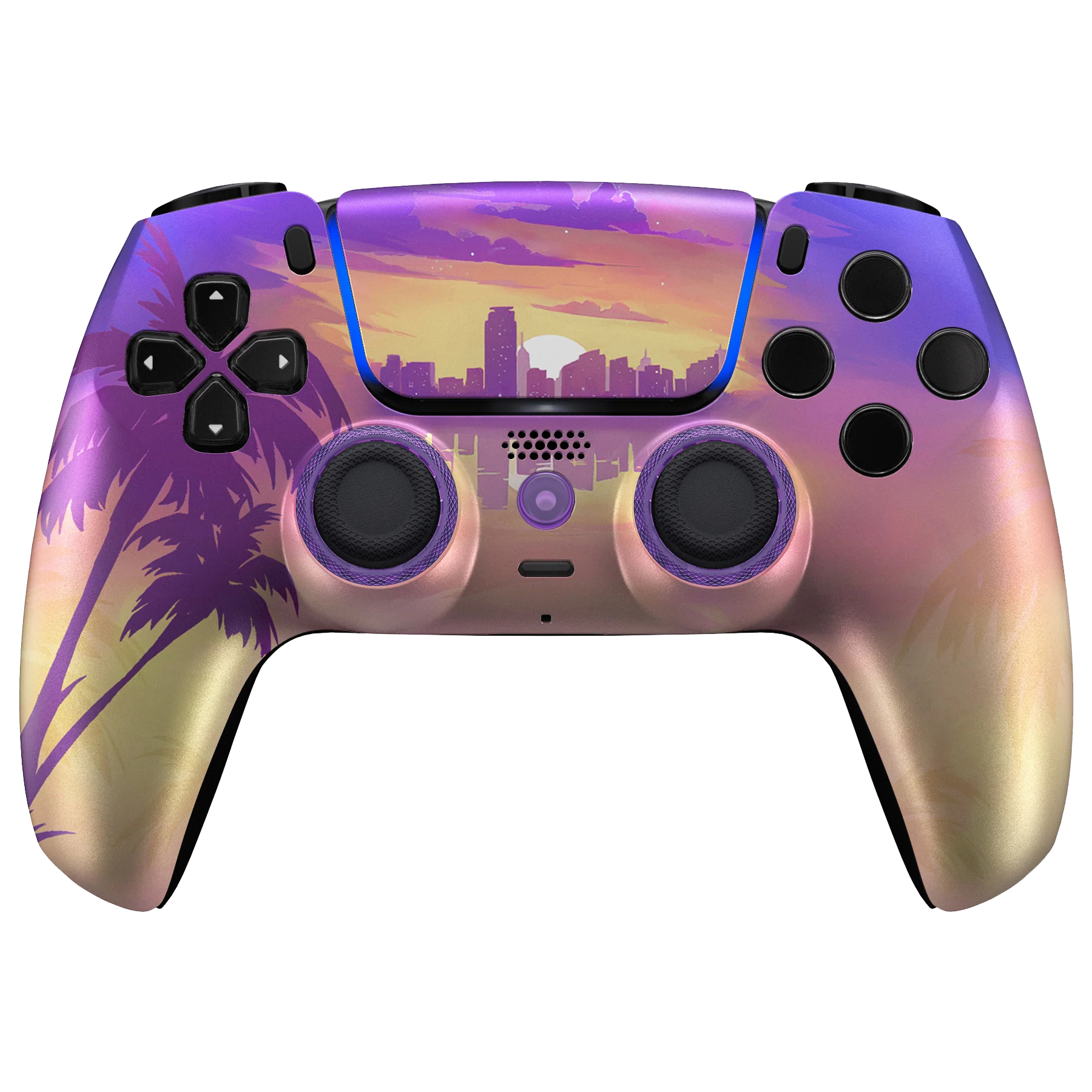 PS5 Controller in Miami Vibes Design mit bunten Farben und Rücktasten