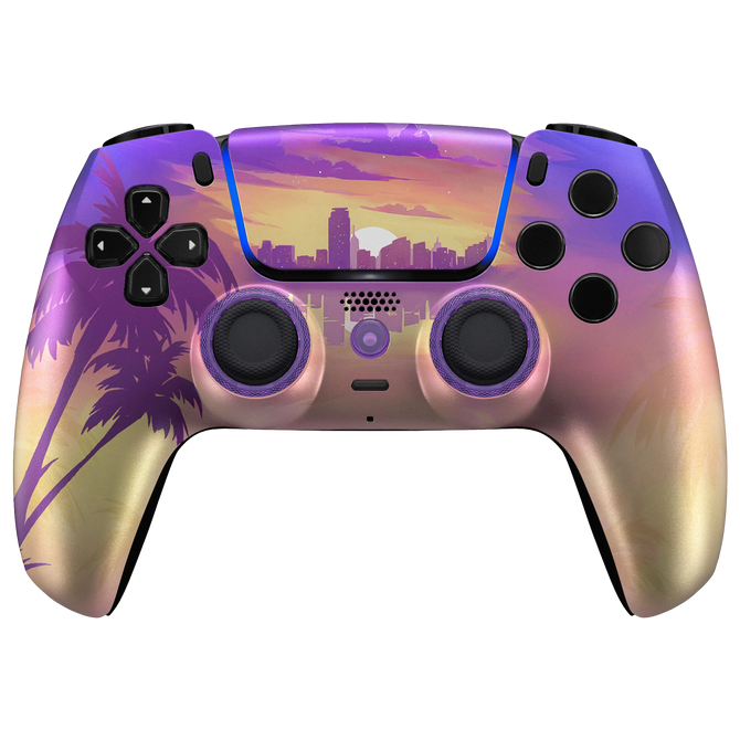 PS5 Controller in Miami Vibes Design mit bunten Farben und Rücktasten
