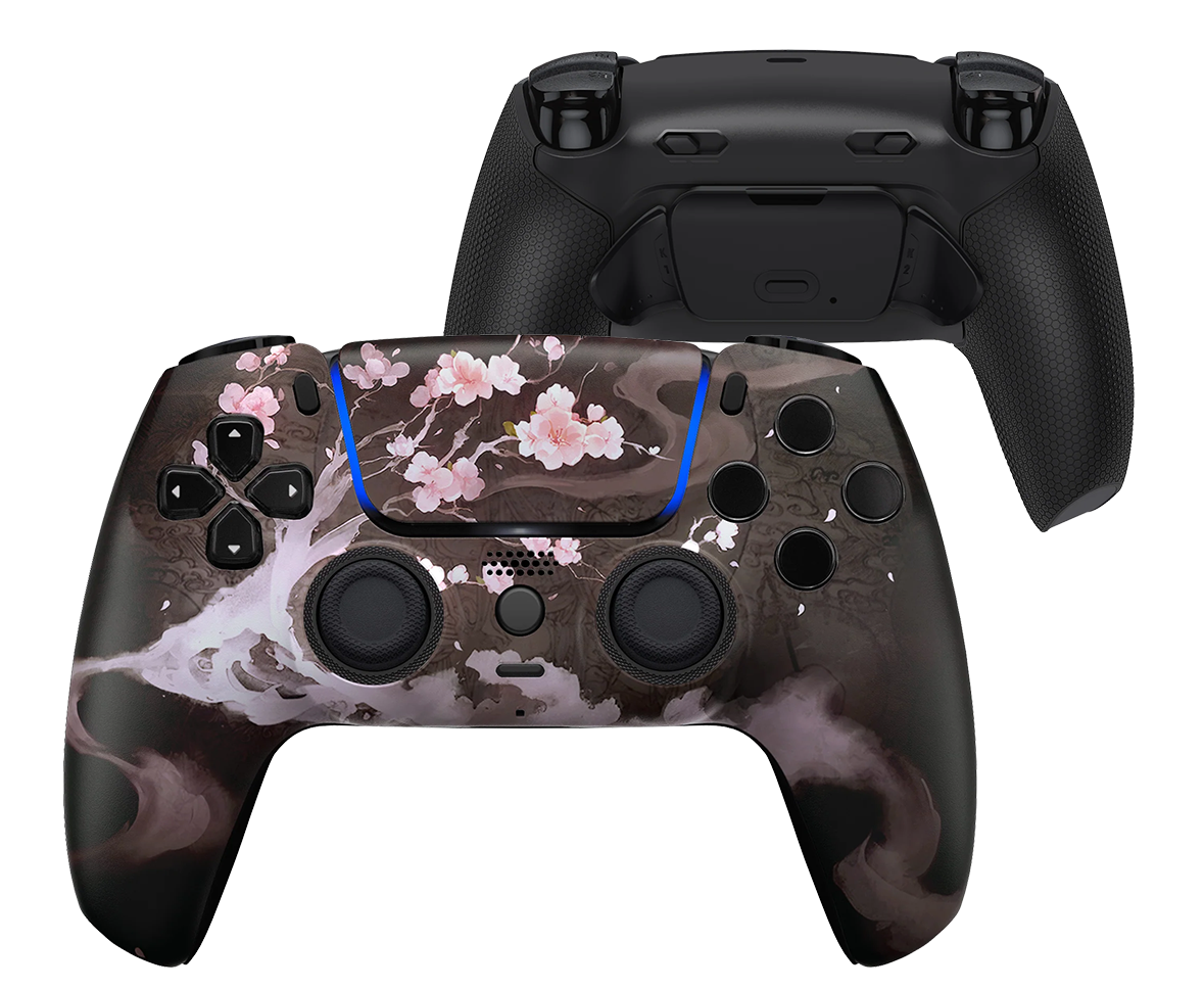 PS5 DualSense Controller im zarten Kirschblüten-Design mit rosa und weißen Blütenmotiven.
